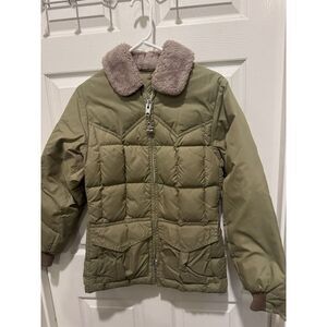 VINTAGE Comfy‎ Brand Goose Down Puffer Coat Jacket Womens Small Green 70s FLAW